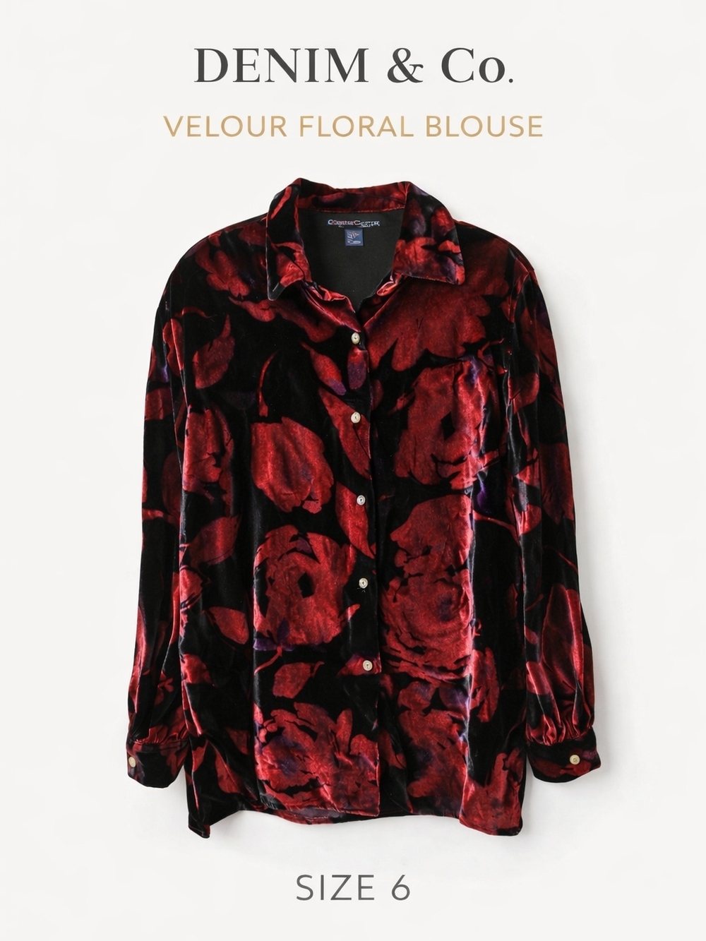 Denim & Co Velour Floral Blouse Wine Red Black Button Front Long Sleeve Small